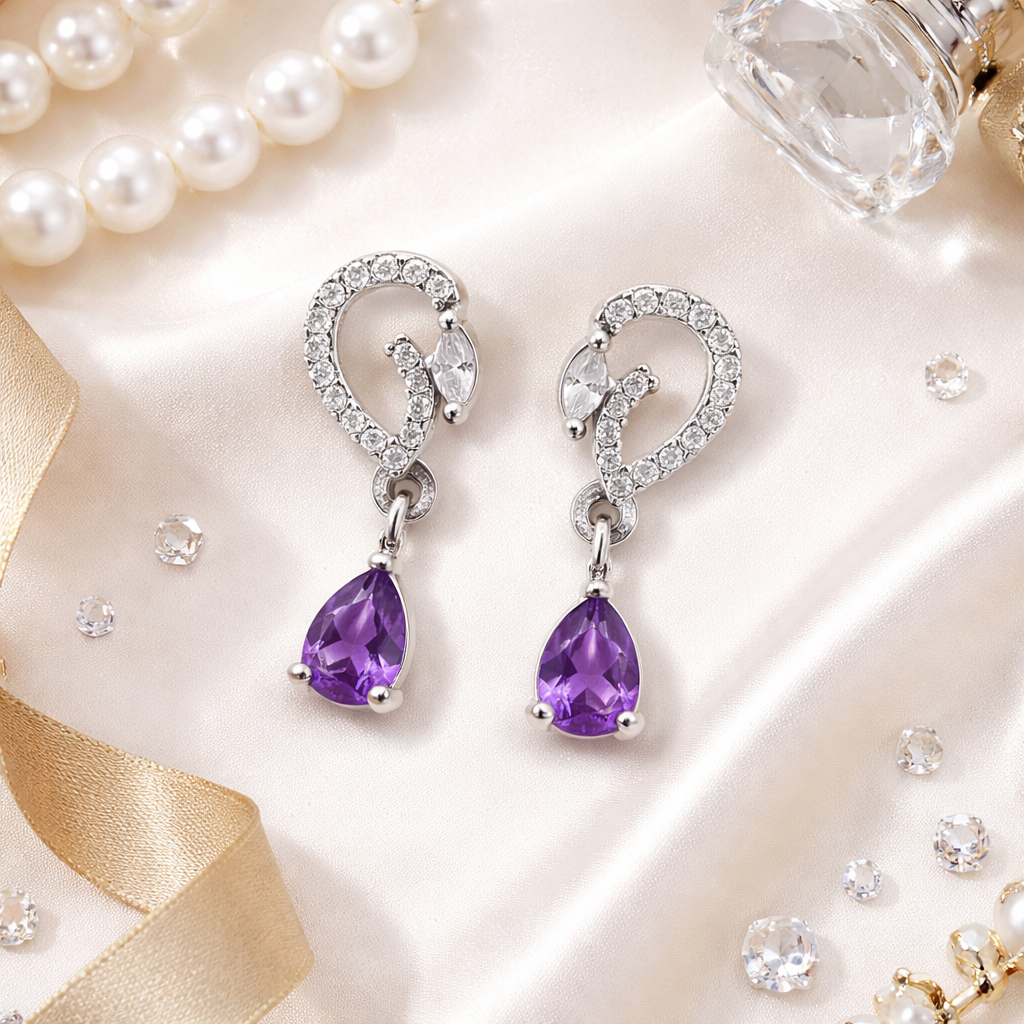 Aveline- Purple Onyx Pear-Cut Drop Earrings with Diamond Swirl Accents
