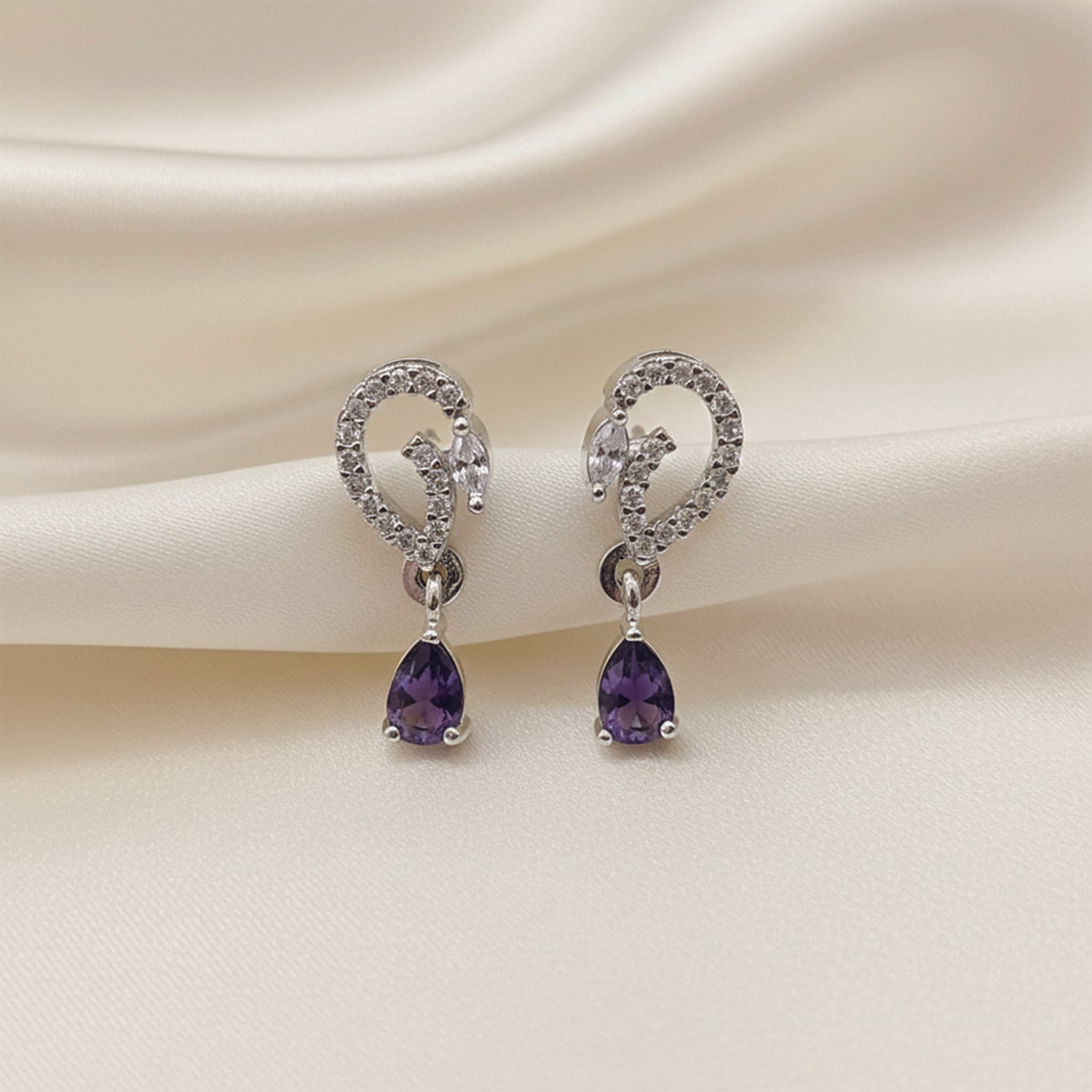 Aveline- Purple Onyx Pear-Cut Drop Earrings with Diamond Swirl Accents