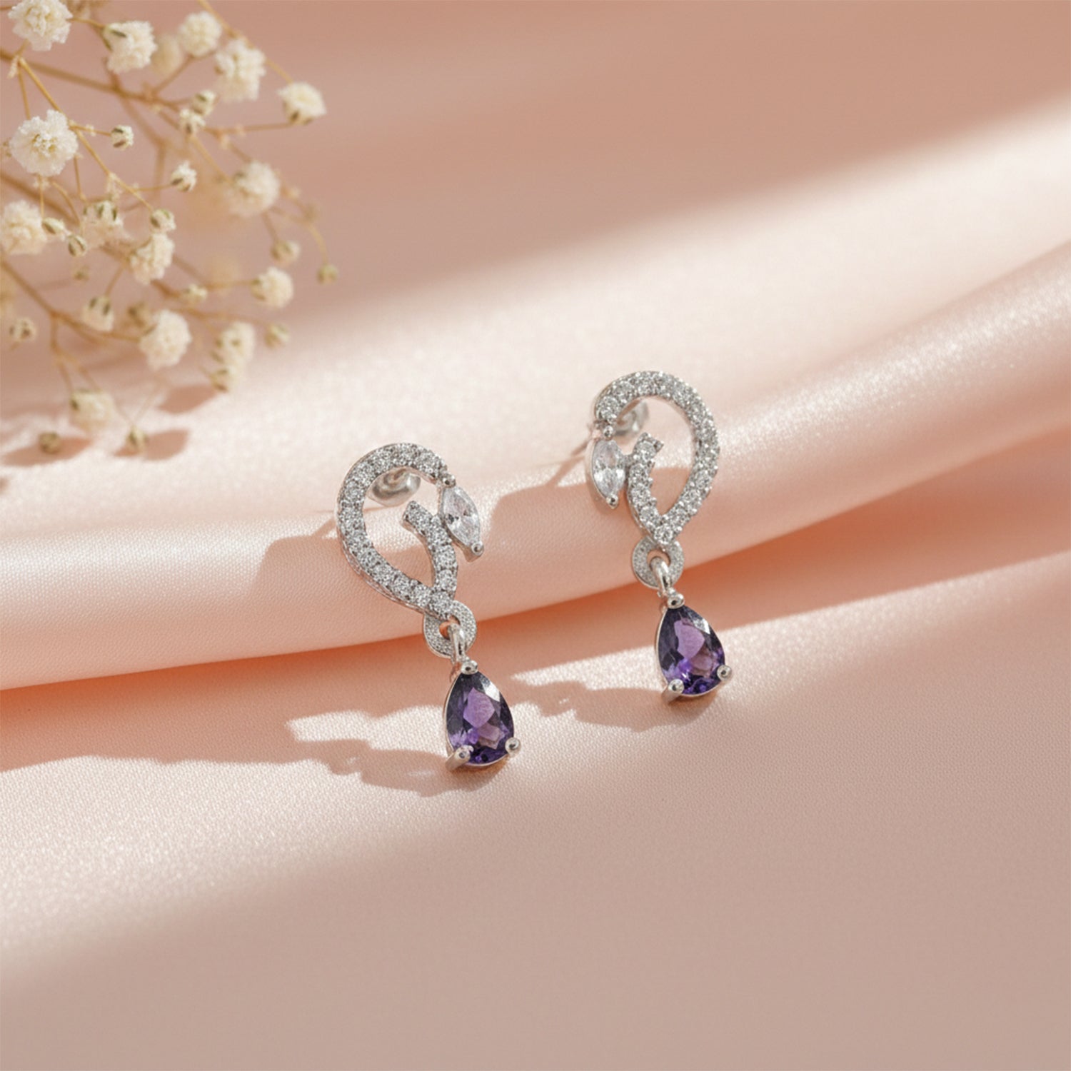 Aveline- Purple Onyx Pear-Cut Drop Earrings with Diamond Swirl Accents