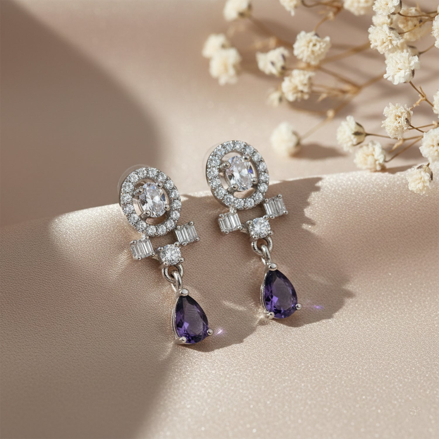 Kiaya- Purple Swirl Pear-Cut Drop Earrings in Sterling Silver