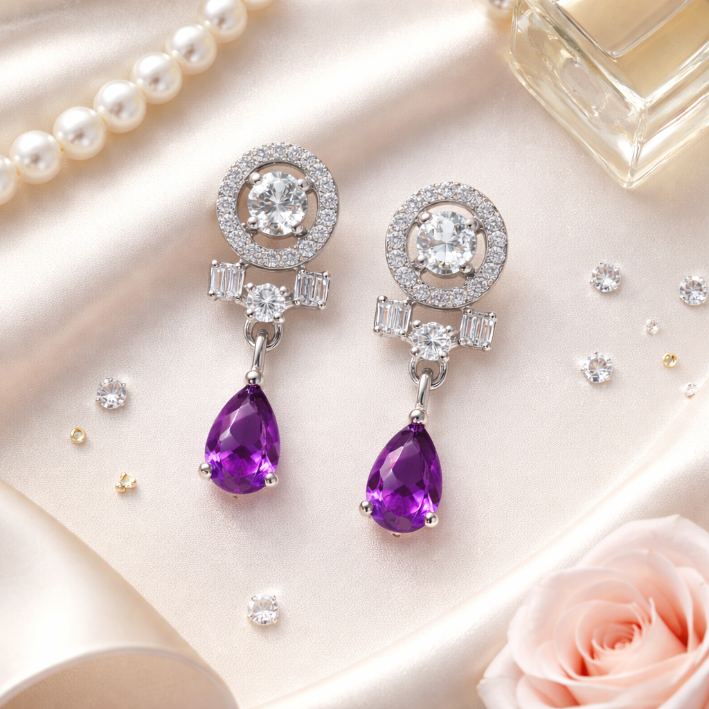 Kiaya- Purple Swirl Pear-Cut Drop Earrings in Sterling Silver