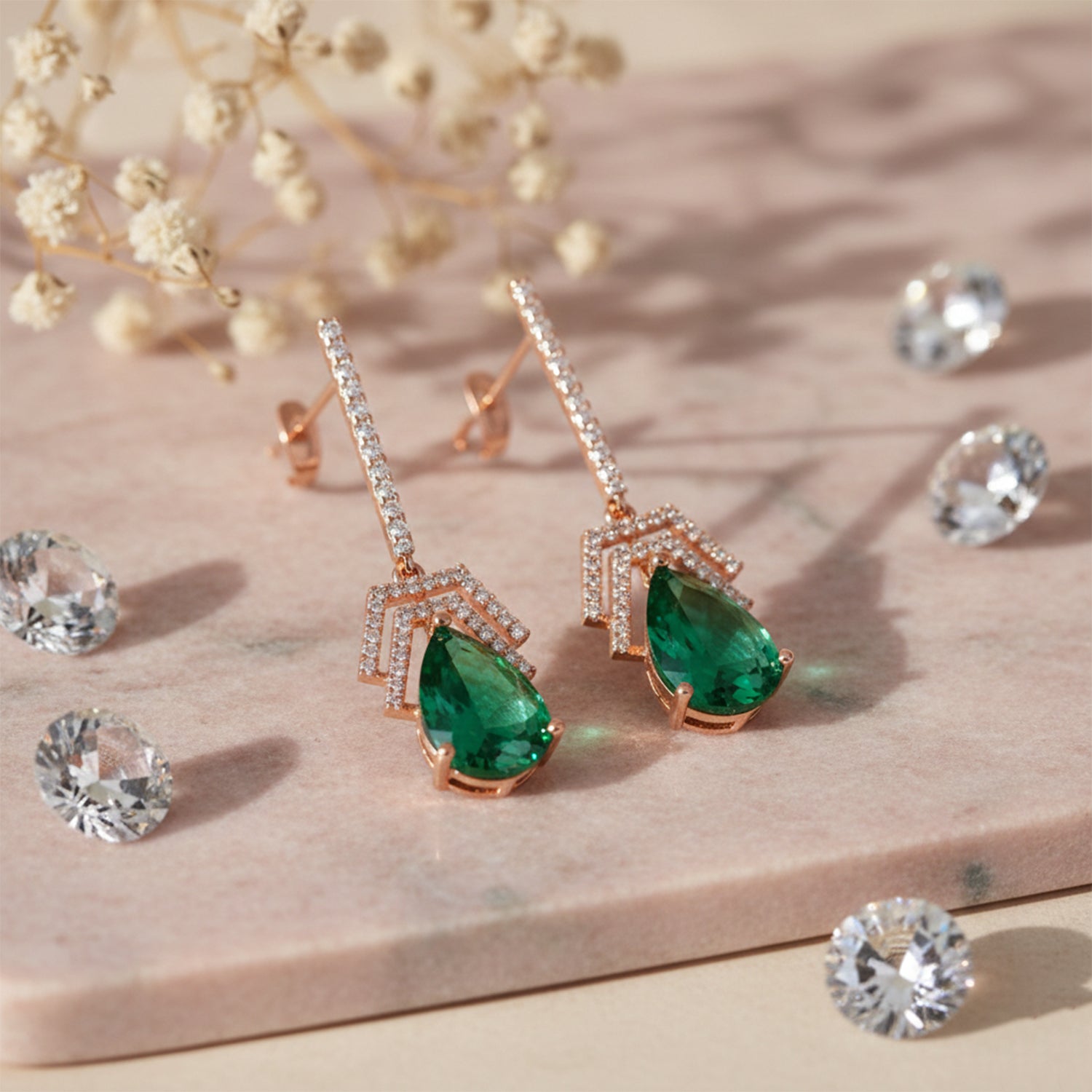 Flora- Green Drop Earrings with Pavé Accents