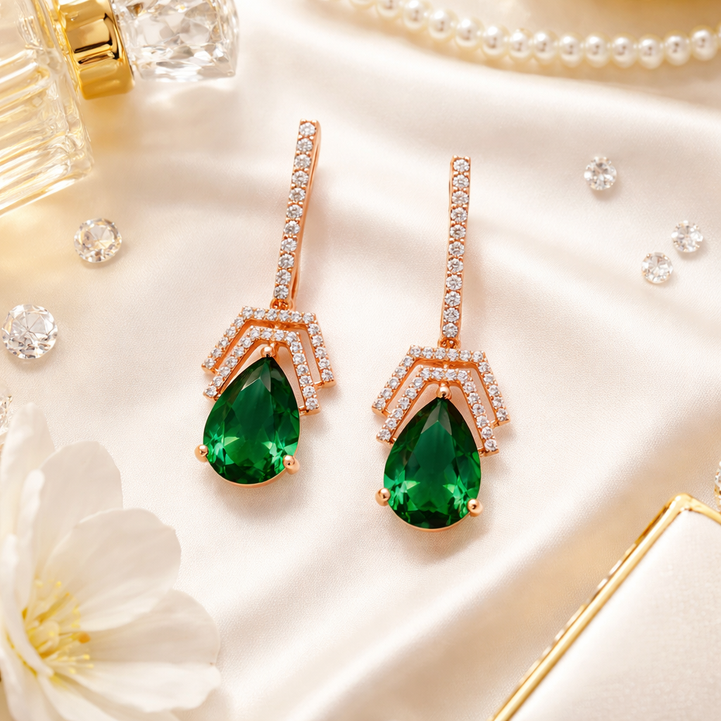 Flora- Green Drop Earrings with Pavé Accents
