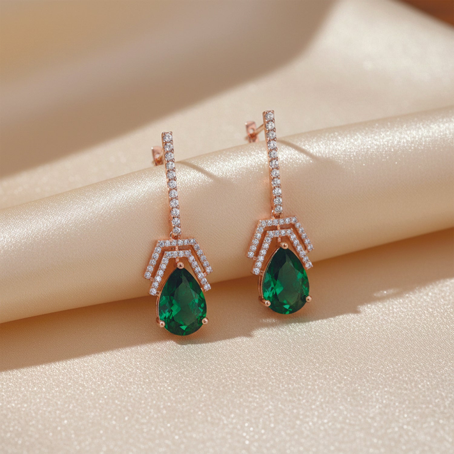 Flora- Green Drop Earrings with Pavé Accents