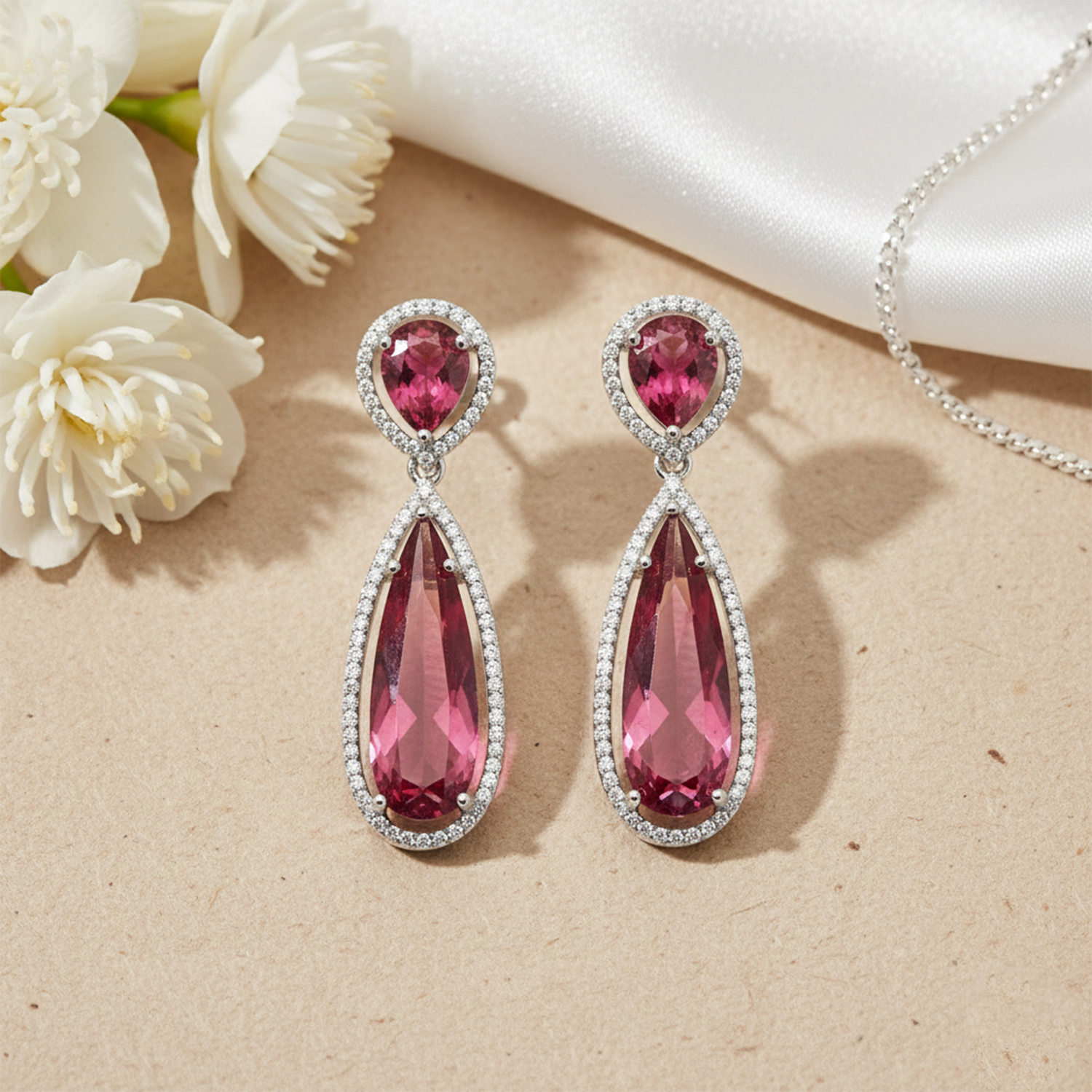 Ellen- Elegant Pink Tourmaline Double Drop Earrings