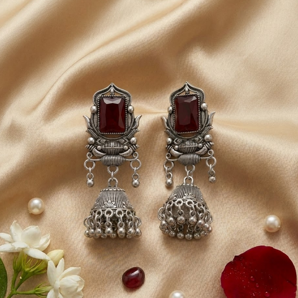 Ridhima- Red Radiance Oxidized Bell Earrings
