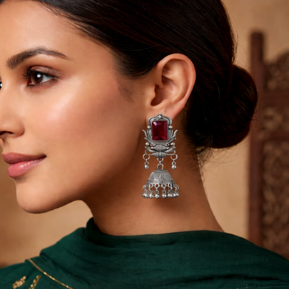 Ridhima- Red Radiance Oxidized Bell Earrings