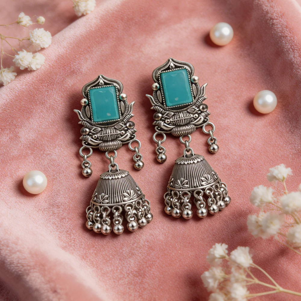 Ridhima- Blue Radiance Oxidized Bell Earrings