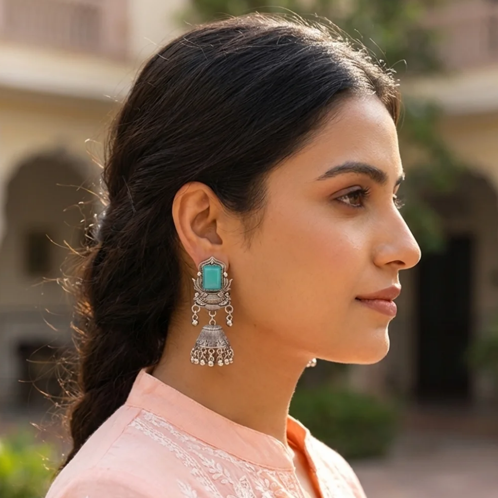 Ridhima- Blue Radiance Oxidized Bell Earrings