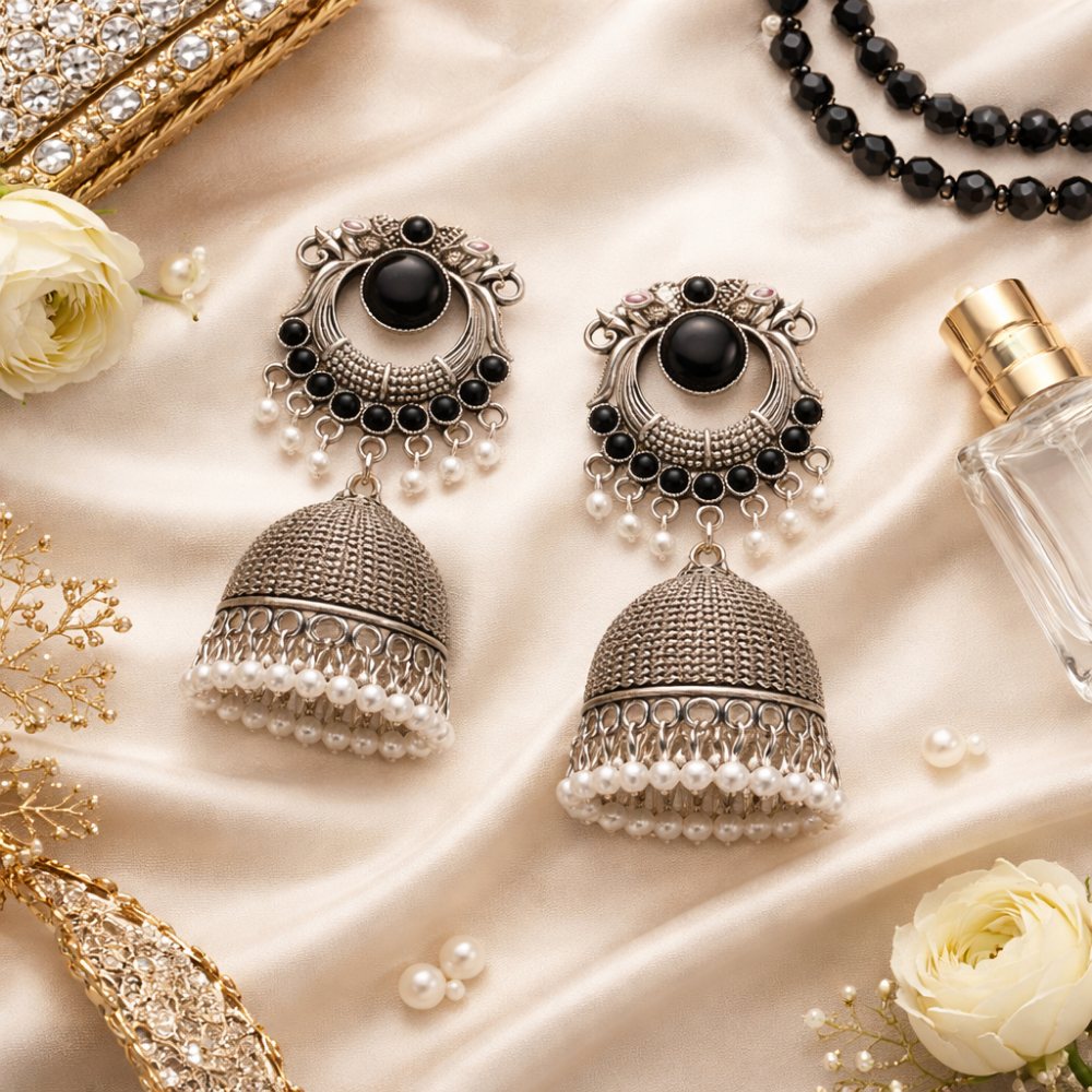 Yasti-Black stone Oxidized Jhumkas