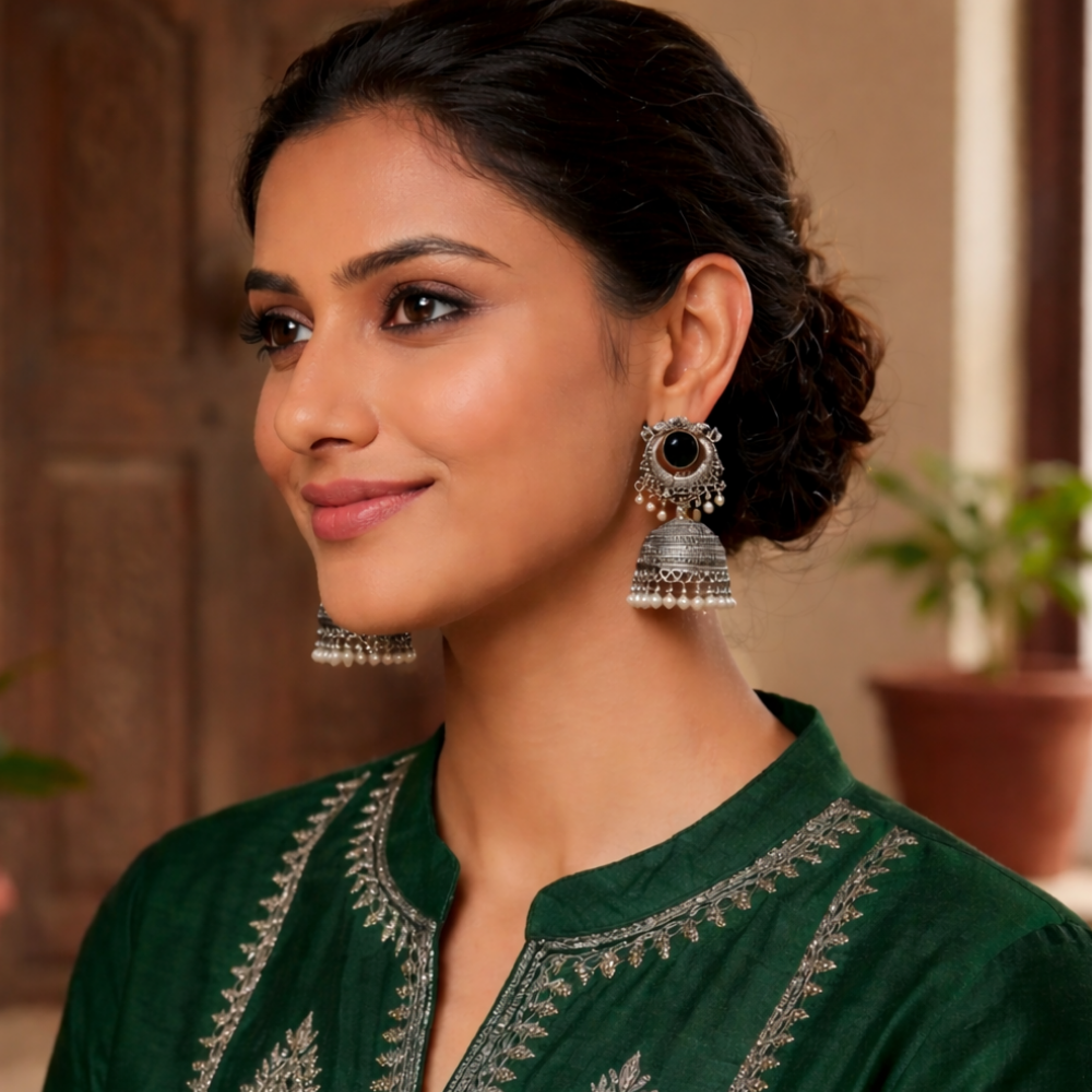 Yasti-Black stone Oxidized Jhumkas