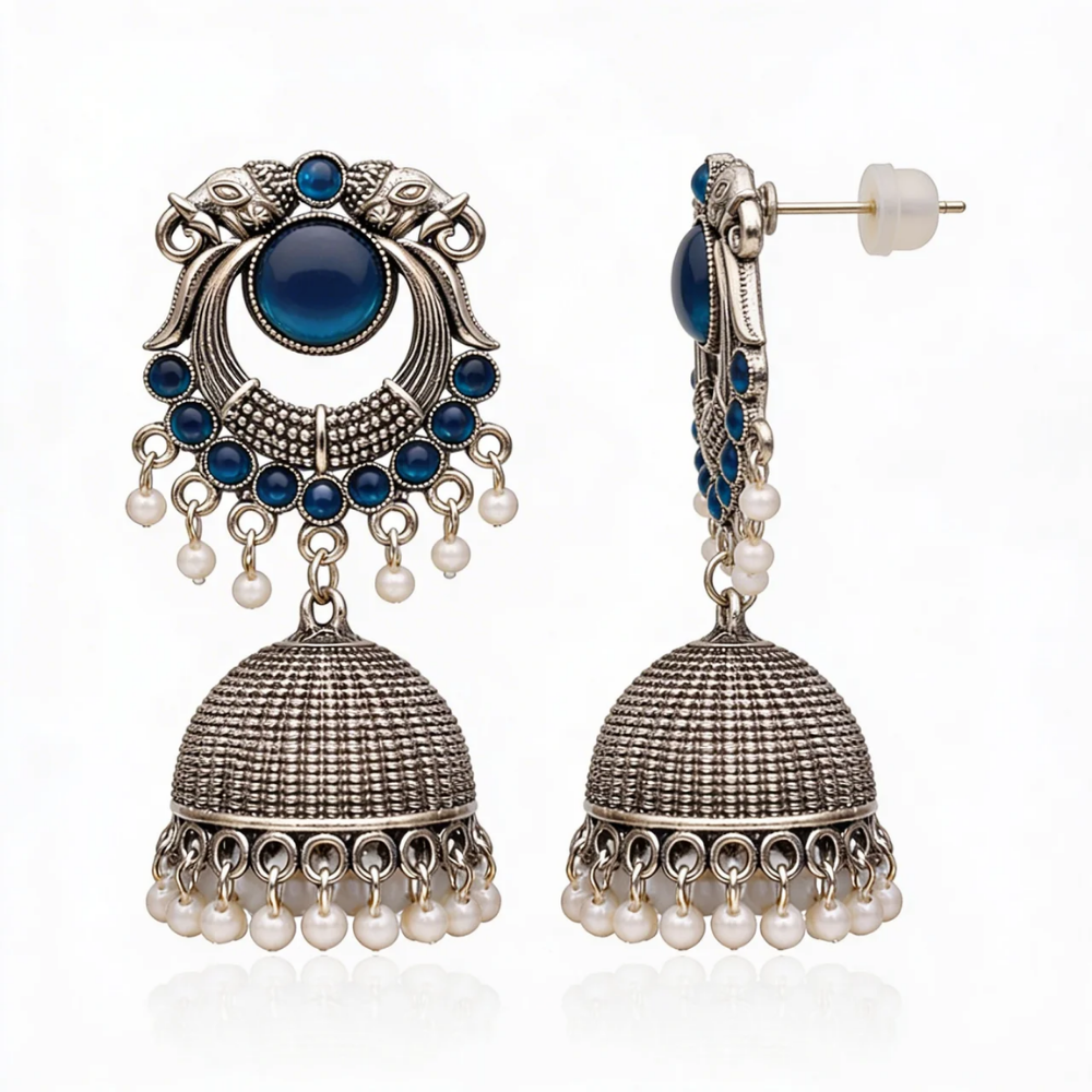 Yasti- Blue stone Oxidized Jhumkas