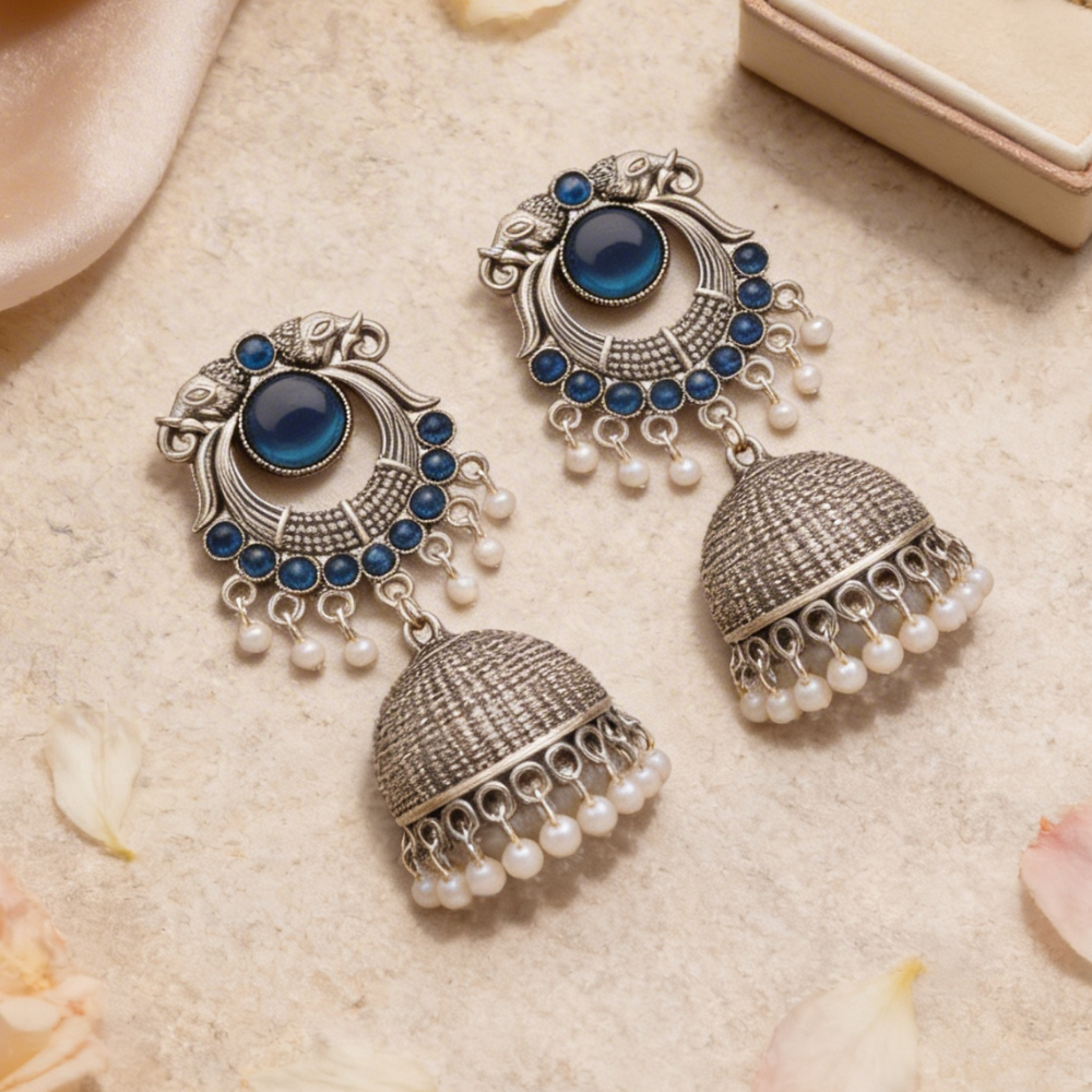 Yasti- Blue stone Oxidized Jhumkas