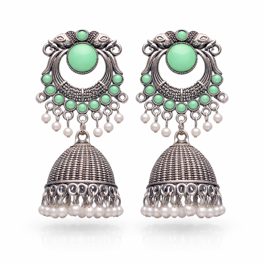 Yasti-Mint stone Oxidized Jhumkas