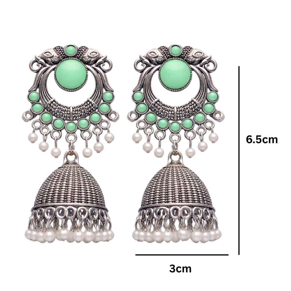 Yasti-Mint stone Oxidized Jhumkas