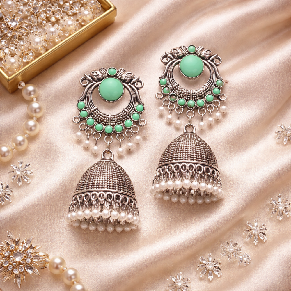 Yasti-Mint stone Oxidized Jhumkas