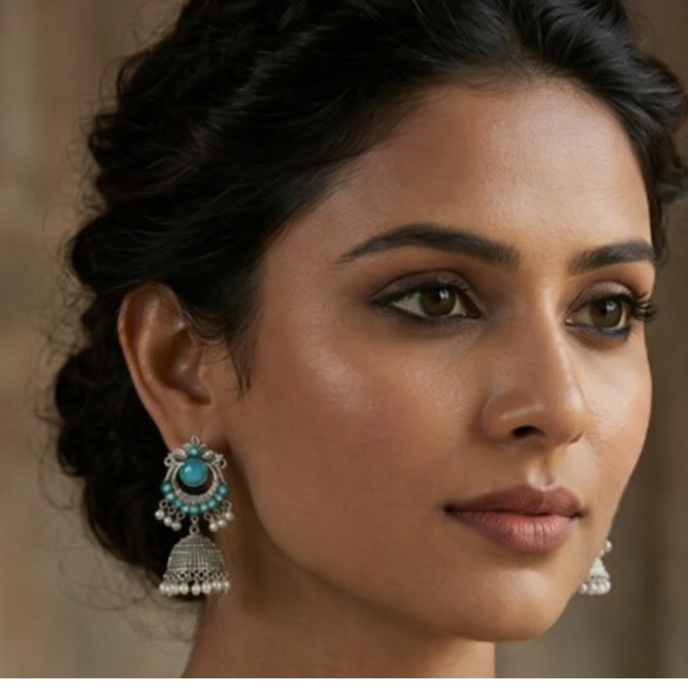 Yasti-Sky Blue stone Oxidized Jhumkas