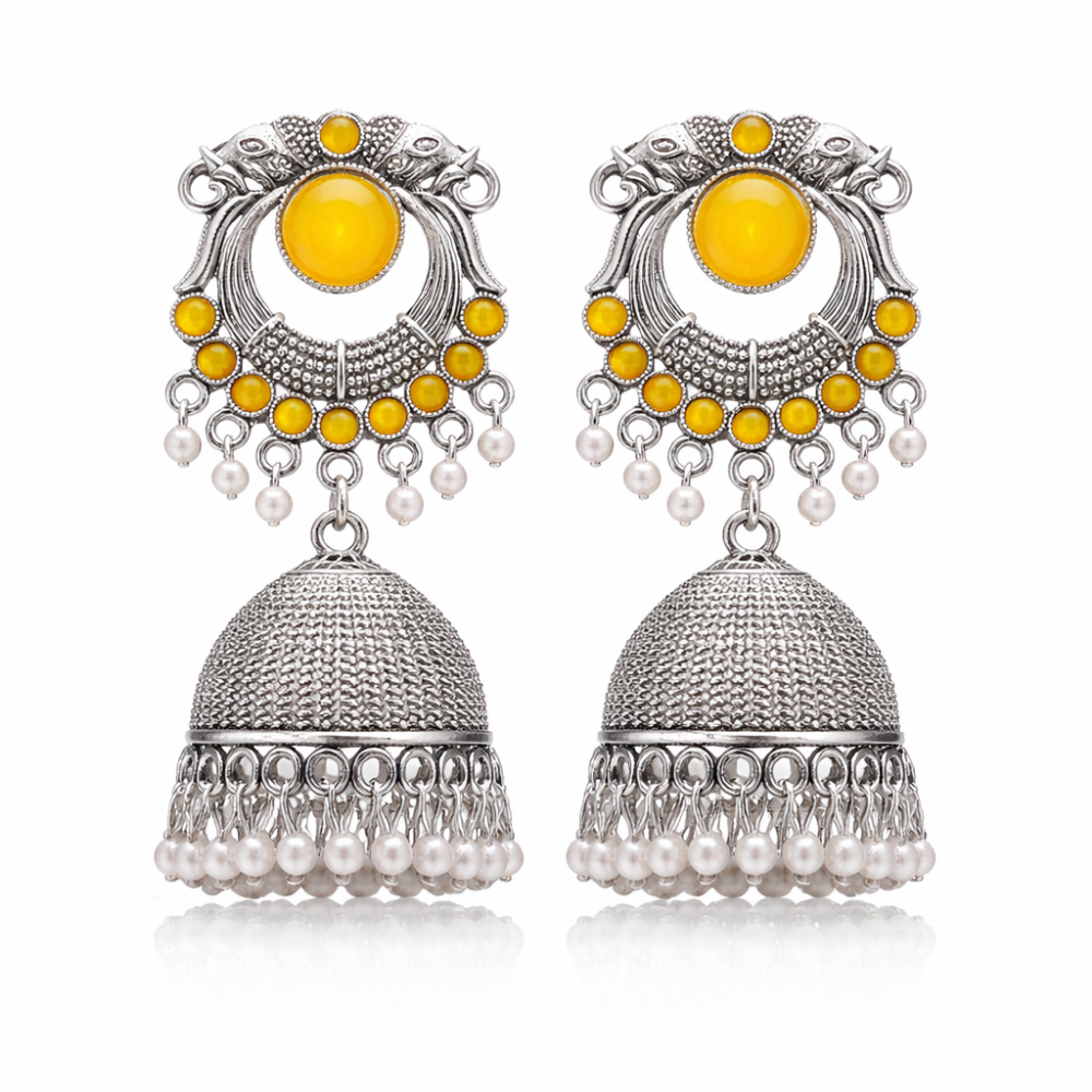 Yasti-yellow stone Oxidized Jhumkas