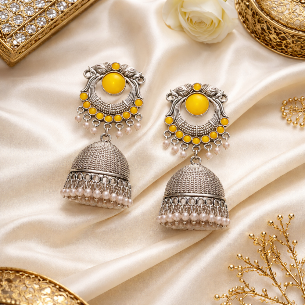 Yasti-yellow stone Oxidized Jhumkas