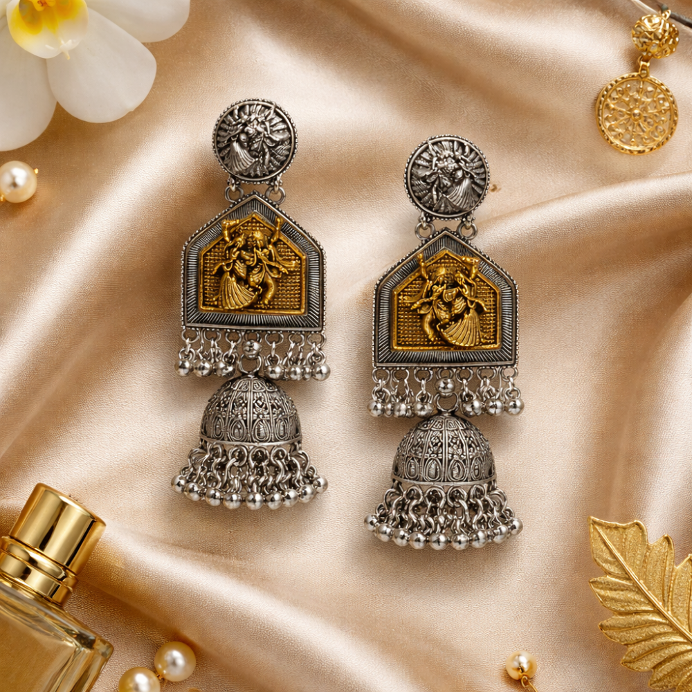 Vrindavan: Radha Krishna Dual-Tone Temple Jhumkas