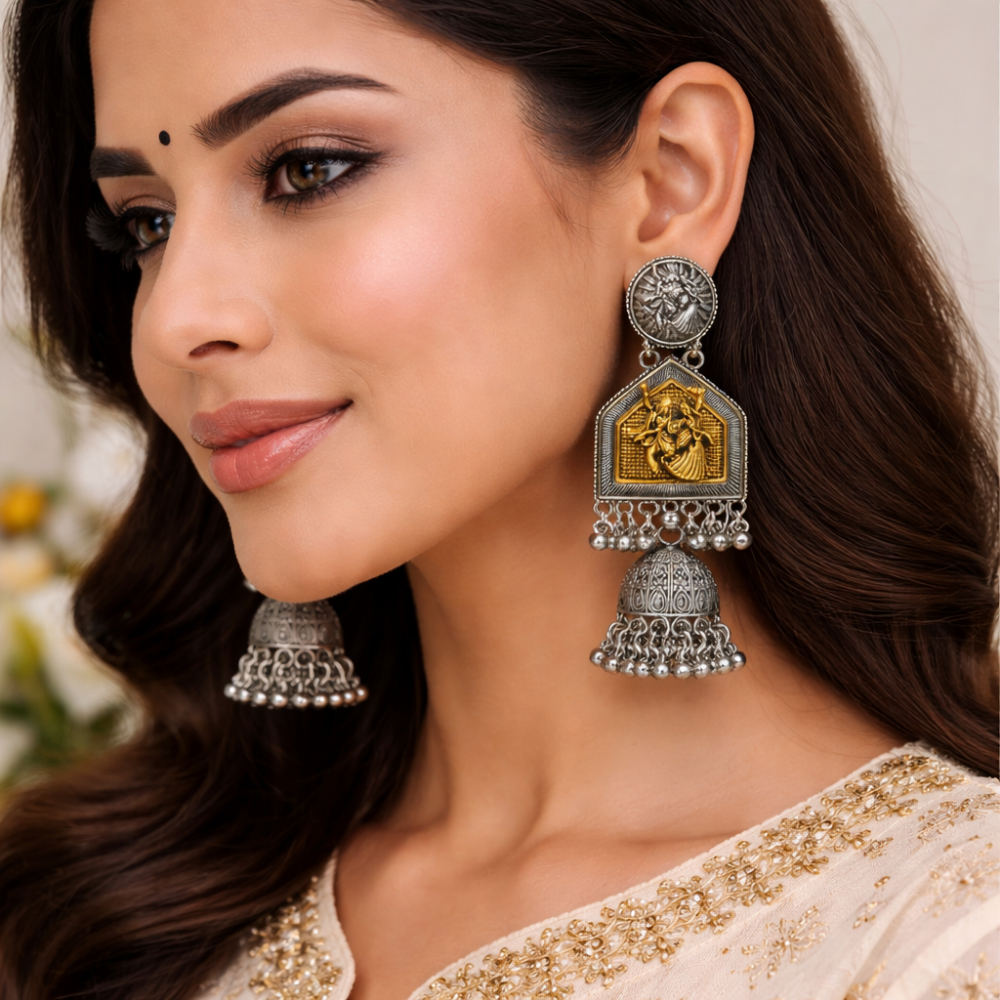 Vrindavan: Radha Krishna Dual-Tone Temple Jhumkas