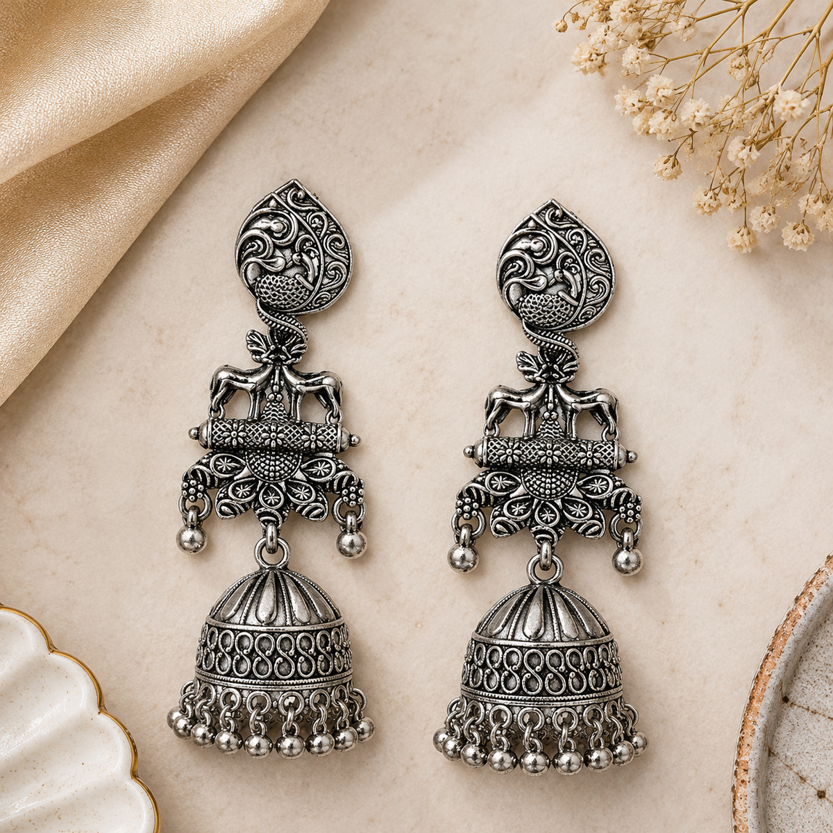 Anu- OxidiseTraditional Deer Motif Jhumka Earrings