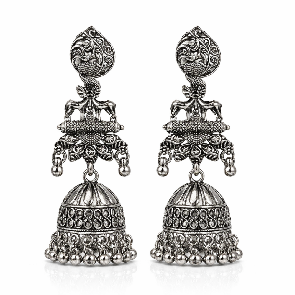 Anu- OxidiseTraditional Deer Motif Jhumka Earrings