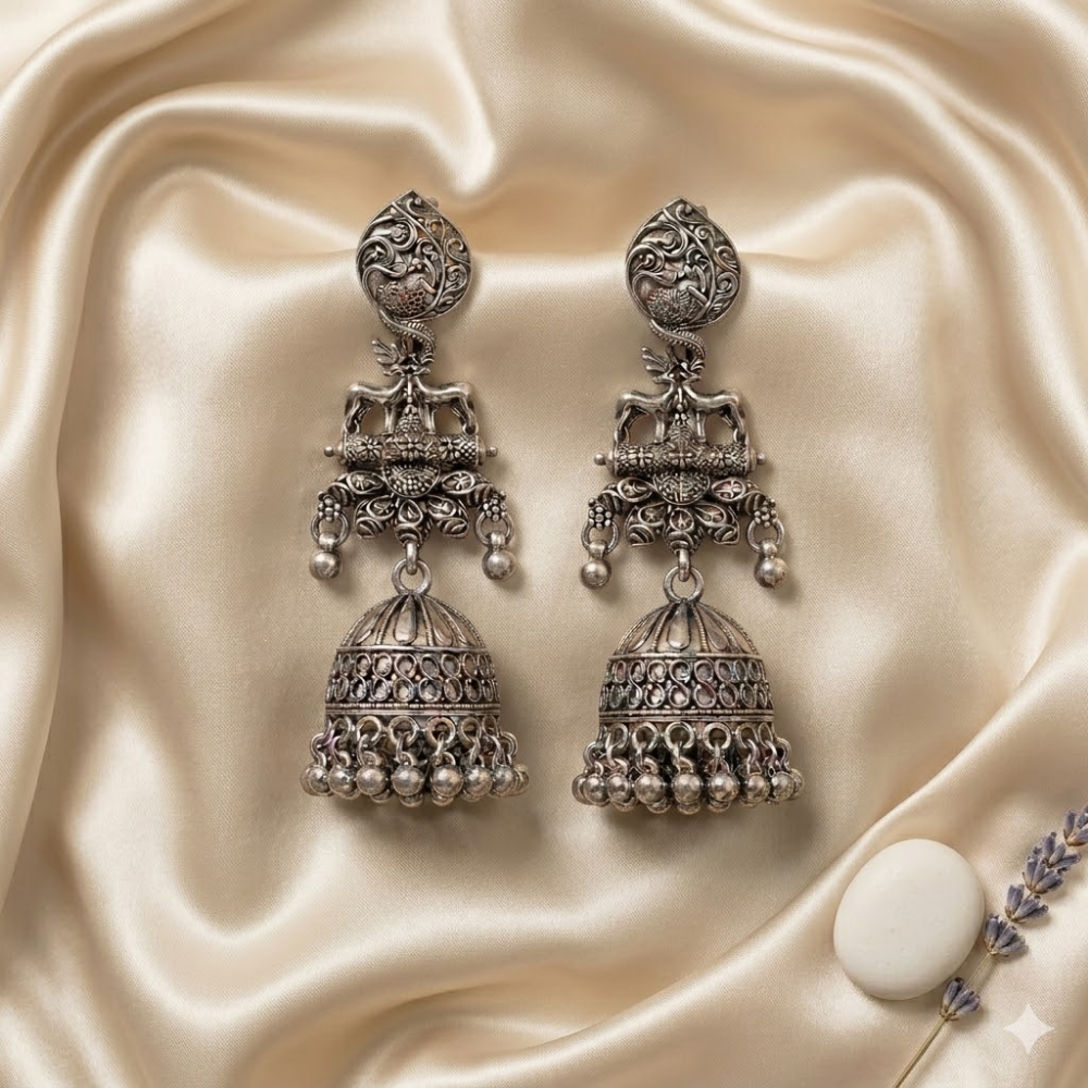 Anu- OxidiseTraditional Deer Motif Jhumka Earrings