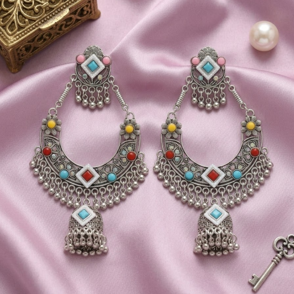 Ishani- Oxidized Silver Chandbali Earrings