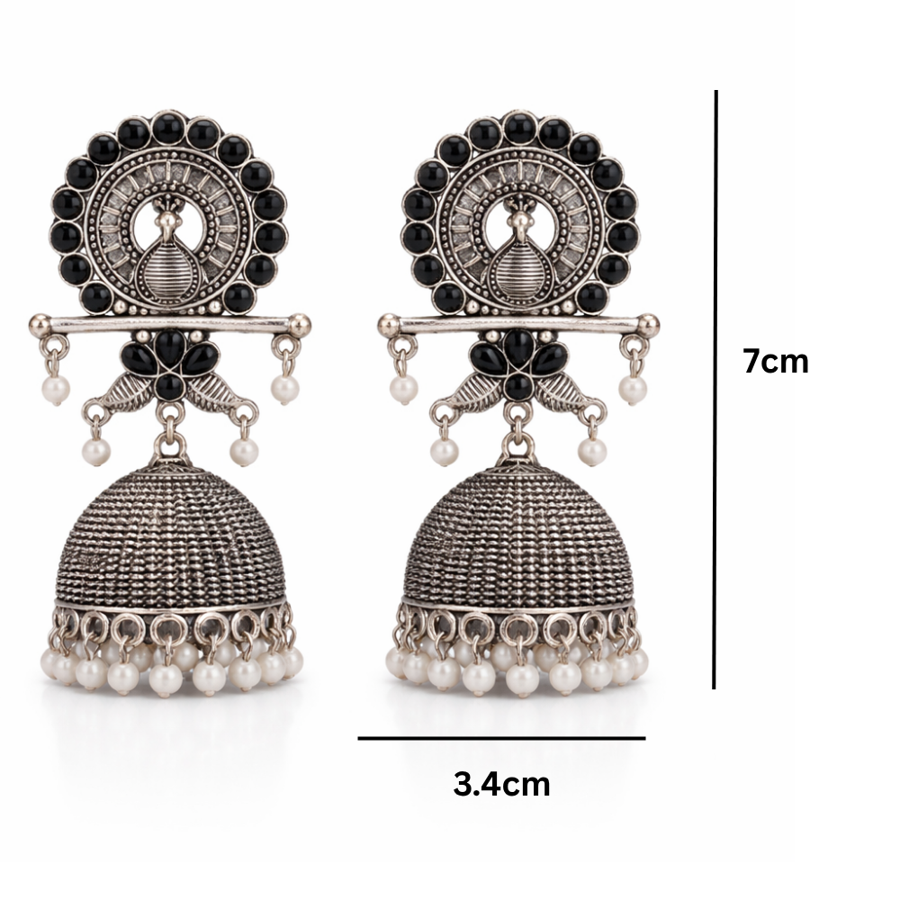 Antra- Oxidised Peacock Jhumka Earrings with Black Stone