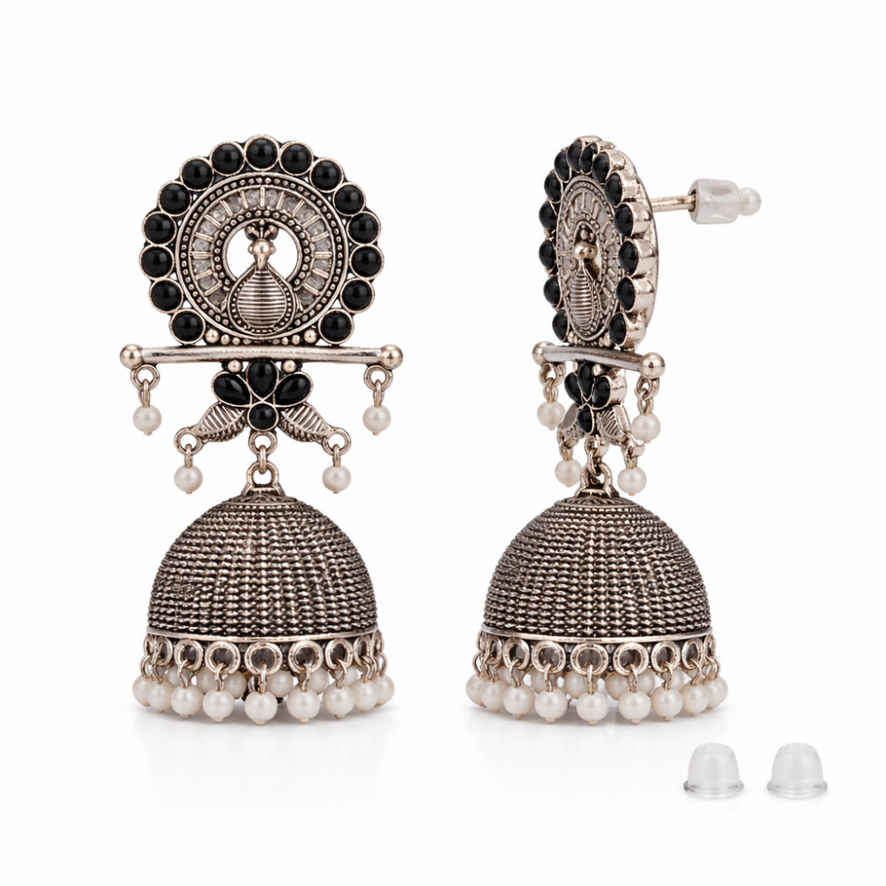 Antra- Oxidised Peacock Jhumka Earrings with Black Stone