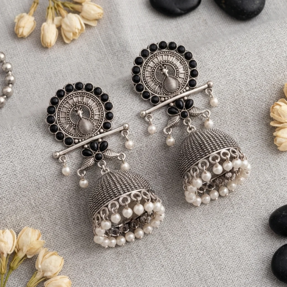 Antra- Oxidised Peacock Jhumka Earrings with Black Stone