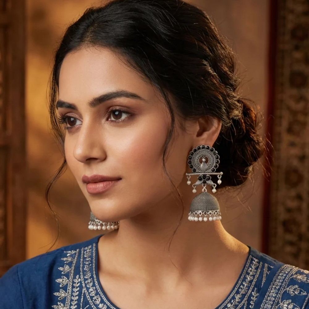 Antra- Oxidised Peacock Jhumka Earrings with Black Stone