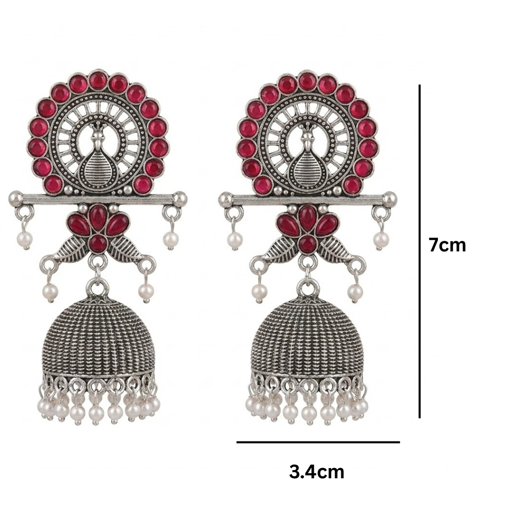 Antra- Oxidised Peacock Jhumka Earrings with Maroon Stone