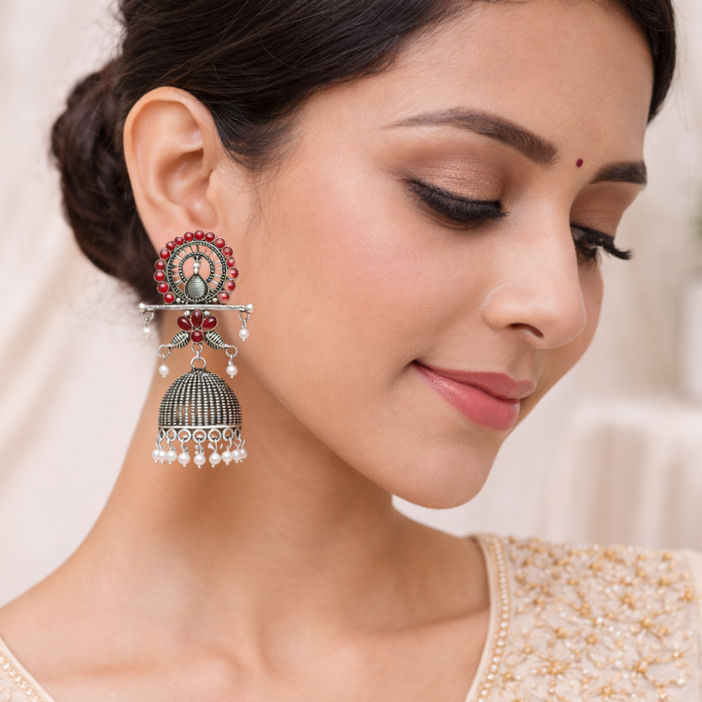 Antra- Oxidised Peacock Jhumka Earrings with Maroon Stone
