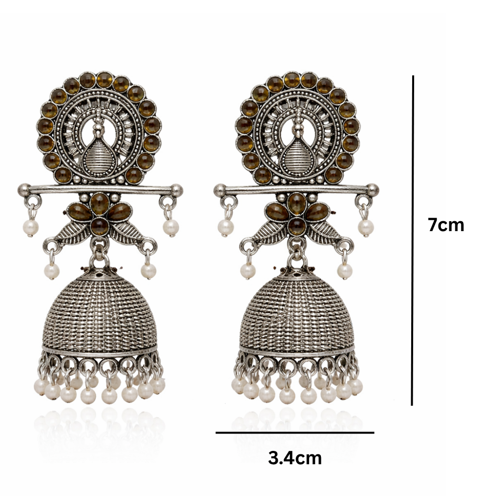 Antra- Oxidised Peacock Jhumka Earrings with Mehendi Stone
