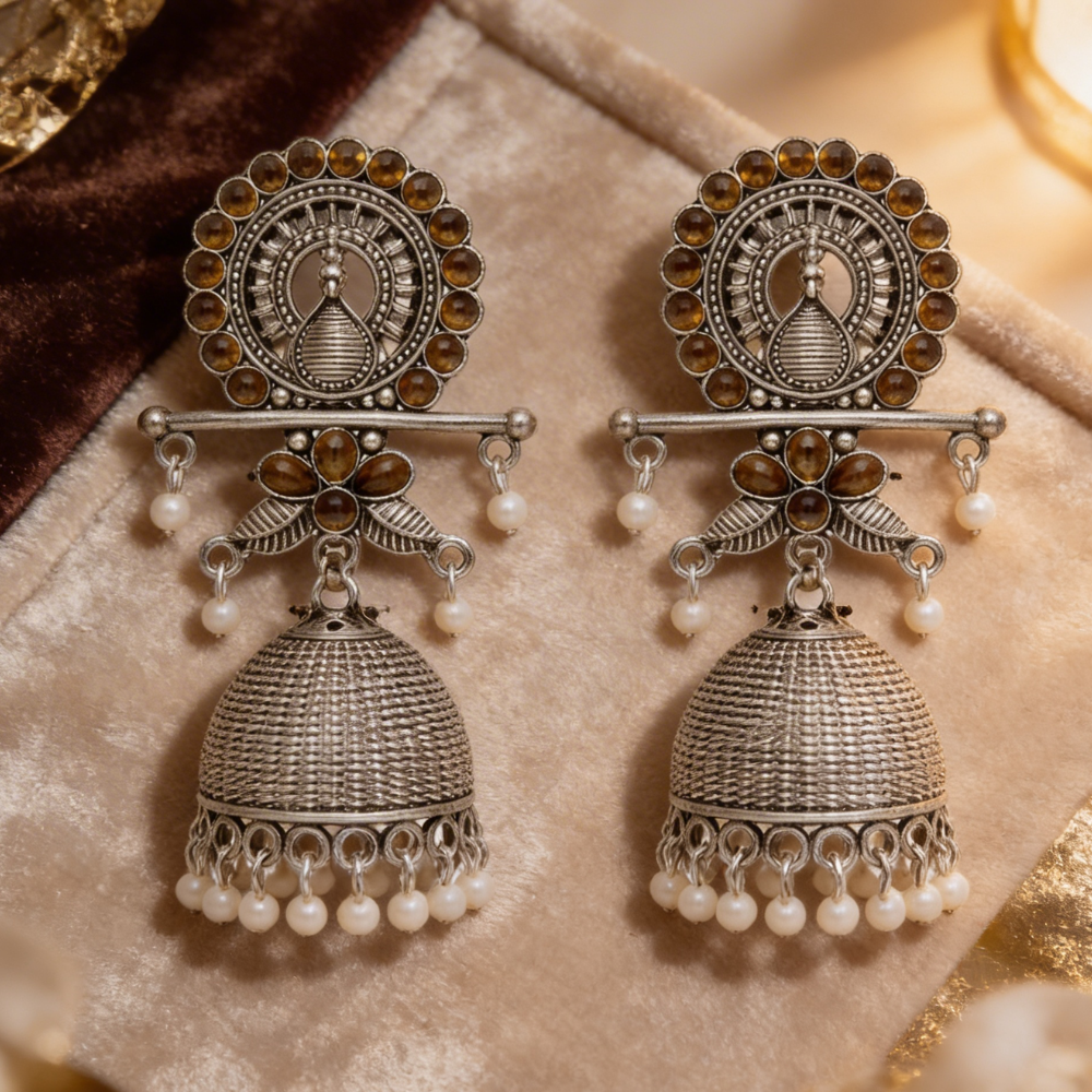 Antra- Oxidised Peacock Jhumka Earrings with Mehendi Stone