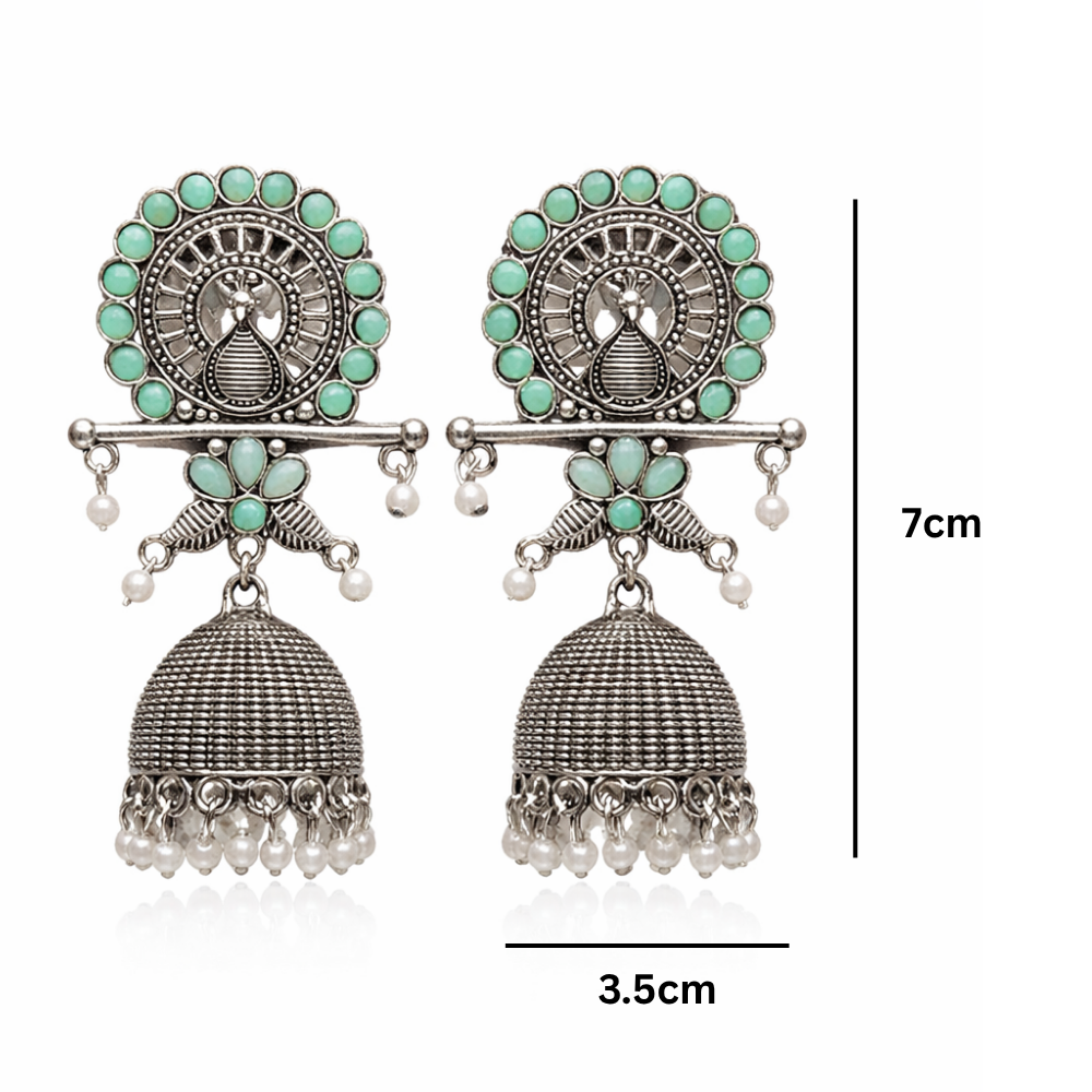 Antra- Oxidised Peacock Jhumka Earrings with Mint Stone