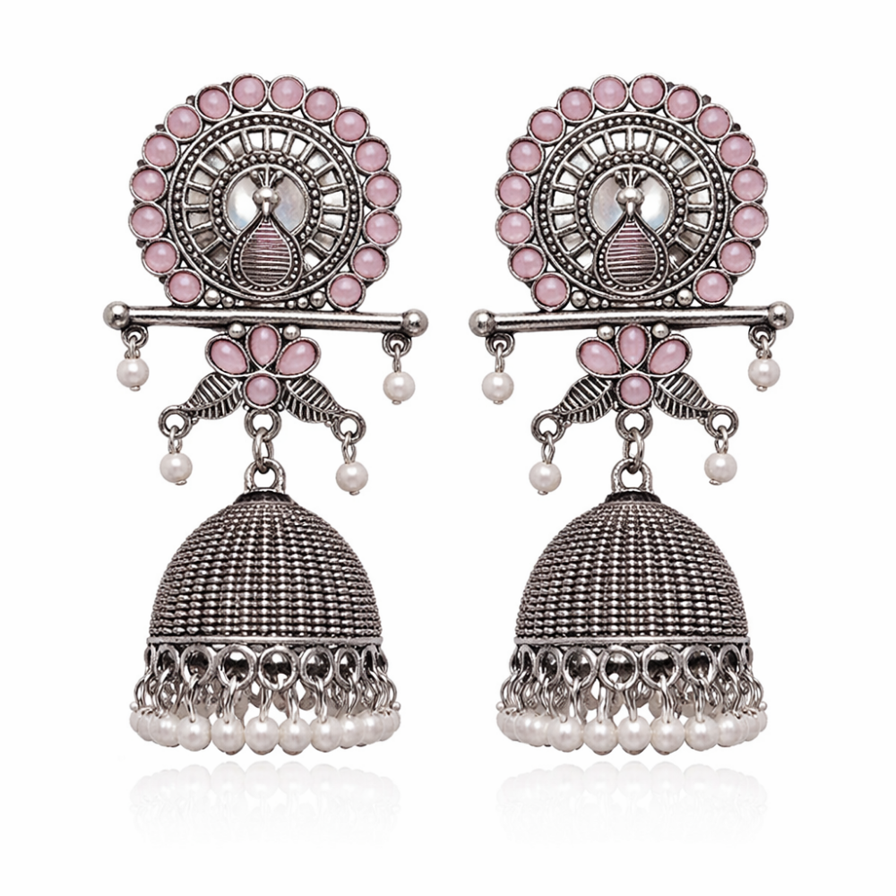 Antra- Oxidised Peacock Jhumka Earrings with Purple Stone