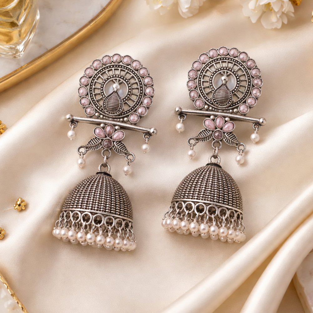 Antra- Oxidised Peacock Jhumka Earrings with Purple Stone