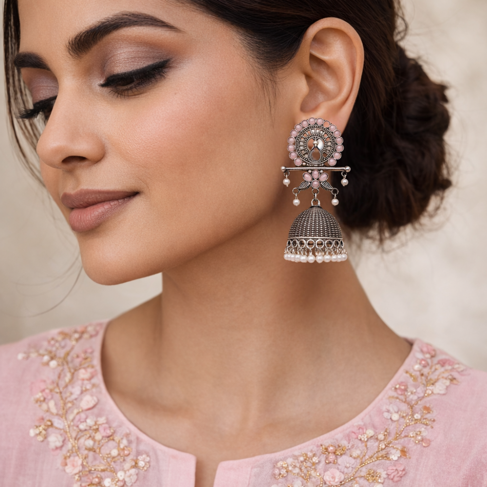 Antra- Oxidised Peacock Jhumka Earrings with Purple Stone