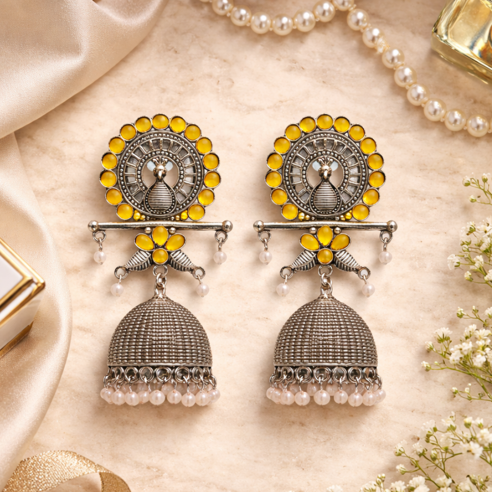 Antra- Oxidised Peacock Jhumka Earrings with Yellow Stone