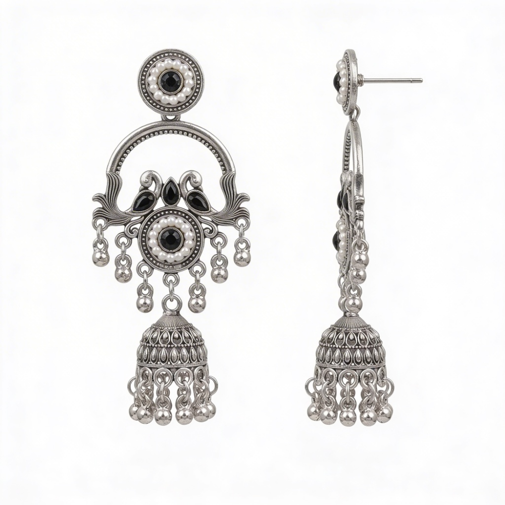 Vrita- Oxidised Jhumka Earrings with Black Stone