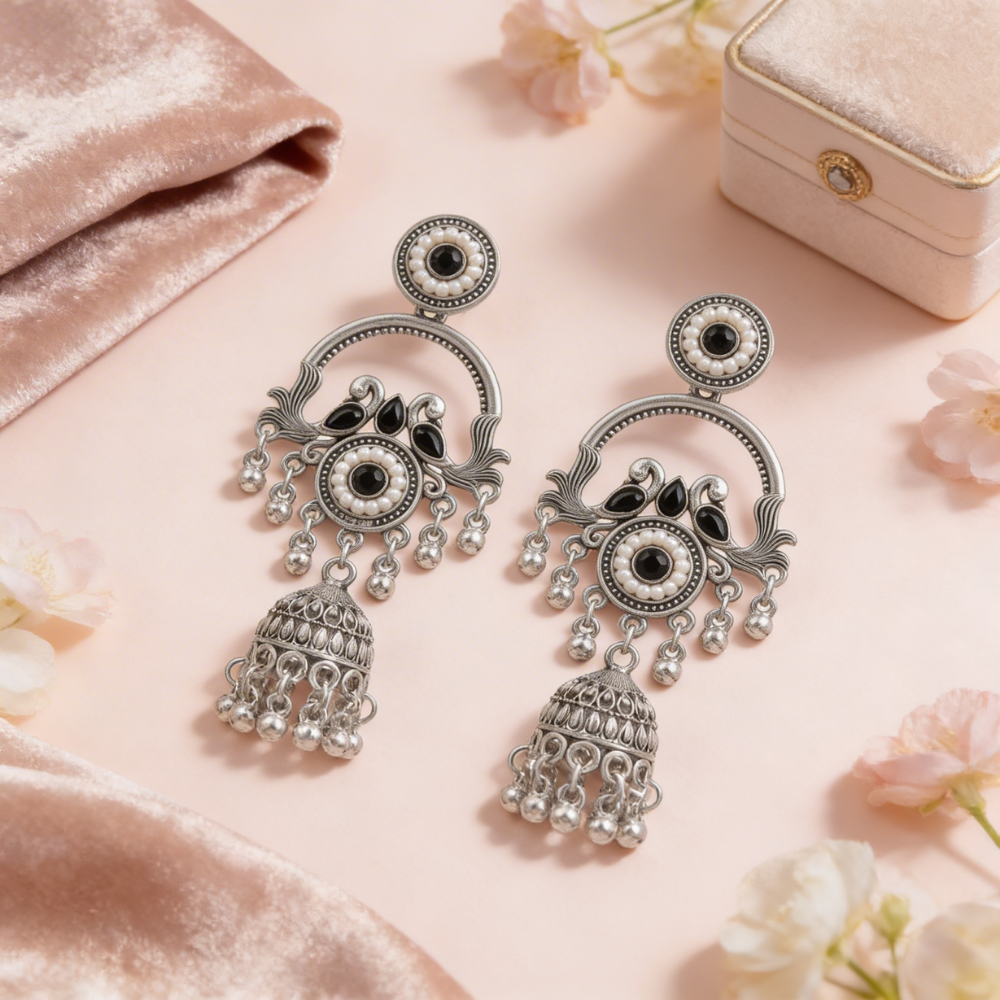 Vrita- Oxidised Jhumka Earrings with Black Stone