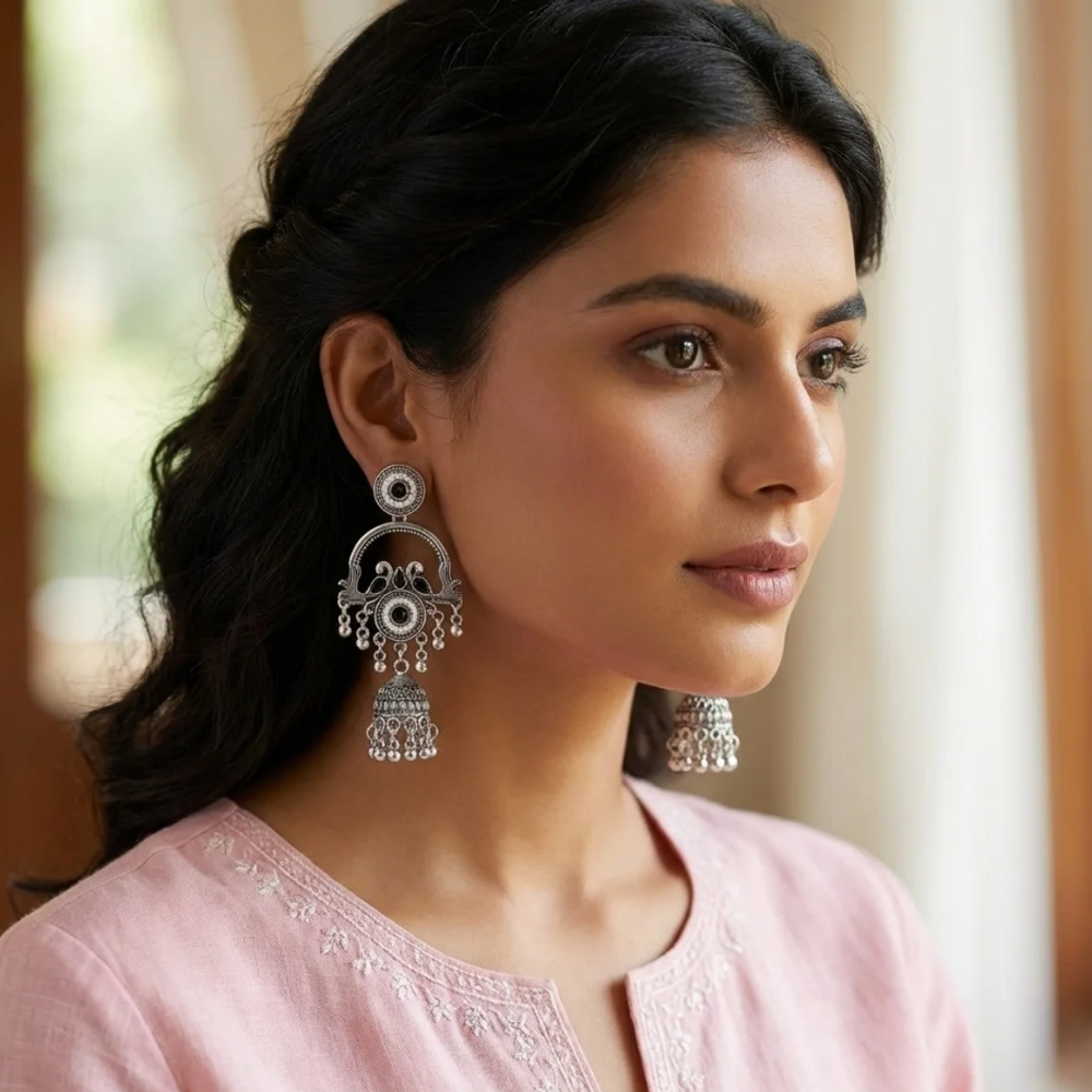 Vrita- Oxidised Jhumka Earrings with Black Stone