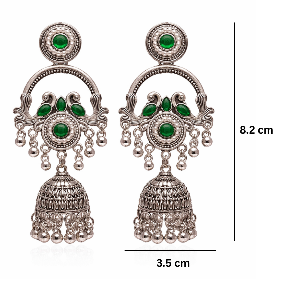 Vrita- Oxidised Jhumka Earrings with Green Stone