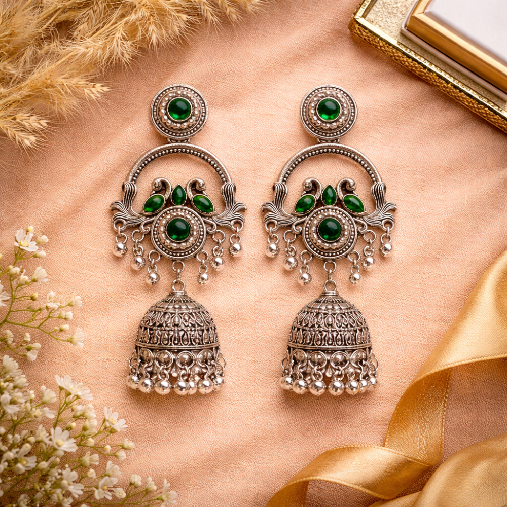 Vrita- Oxidised Jhumka Earrings with Green Stone