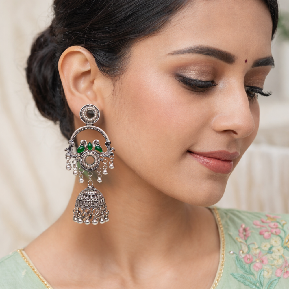 Vrita- Oxidised Jhumka Earrings with Green Stone