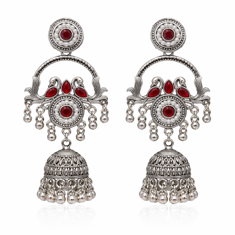 Vrita- Oxidised Jhumka Earrings with Maroon Stone