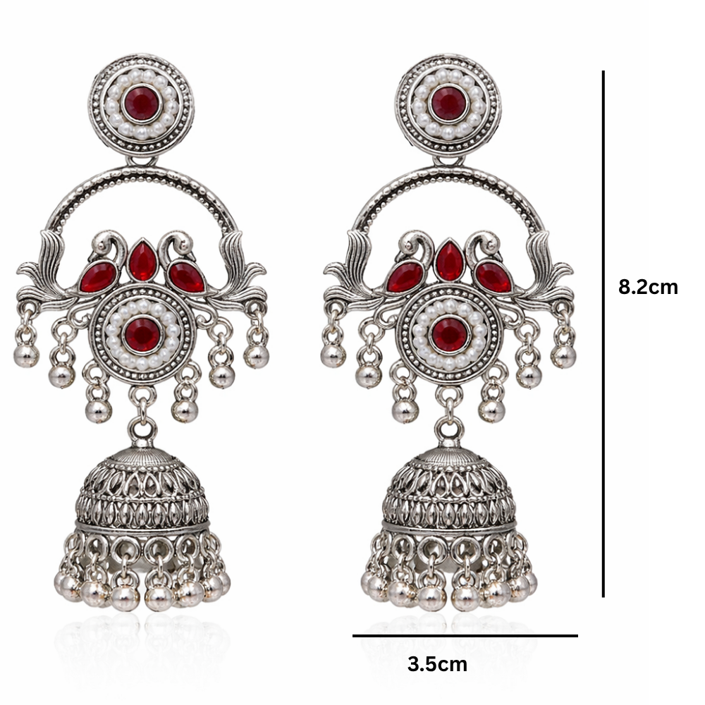 Vrita- Oxidised Jhumka Earrings with Maroon Stone